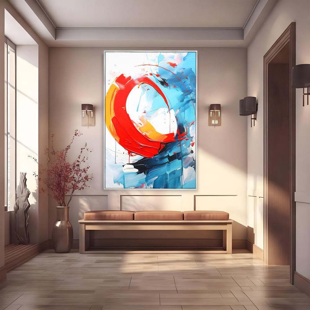 Tablou canvas cu pictura abstracta cu cerc rosu si tuse albastre, in rama de aluminiu argintiu